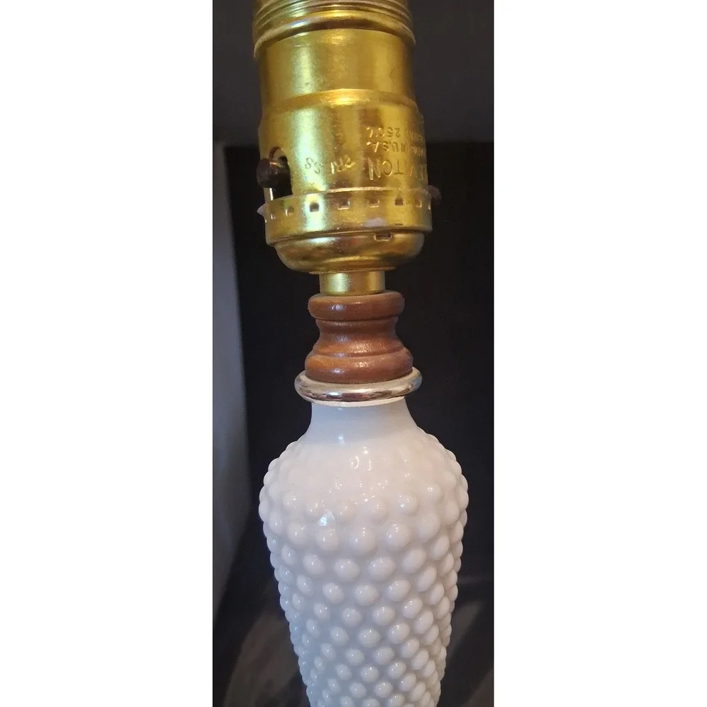 Vintage Hobnail Milk Glass Table Lamp White Wood Base Mid Century Modern Decor